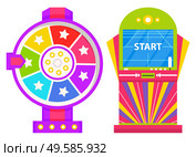 Gambling fortune wheel vector, isolated game machine with screen saying start. Casino online, flat style devices with reward and spirit of competition. Playing on money and winning victorious tokens. Start Playing on Game Machine, Fortune Wheel Set. Стоковая иллюстрация, агентство Ingram Publishing / Фотобанк Лори