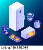 Kitchen appliances refrigerator, multicooker and teapot, microwave and plate, coffee machine electronic equipment 3d view. Modern electric cooking equipment for food and aroma beverage, isometric. Kitchenware Equipment Electric Machine Vector. Стоковая иллюстрация, агентство Ingram Publishing / Фотобанк Лори