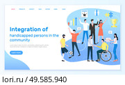 Integration of handicapped people in community, disabled person sitting in wheelchair. Young man playing football with coach. Man gaining diploma. Website or webpage template, landing page vector. Integration of Handicapped People in Community. Стоковая иллюстрация, агентство Ingram Publishing / Фотобанк Лори