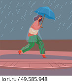 Woman with umbrella under autumn rain walking on puddles vector. Rainfall and fall weather, girl in raincoat with parasol, seasonal forecast changes. Person and outdoor activity illustration. Girl in Rain with Umbrella, Autumn Rainy Weather. Стоковая иллюстрация, агентство Ingram Publishing / Фотобанк Лори