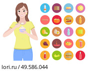 Pretty woman hold cupcake in hands and eat it. Icons with healthy and tasty food with probiotics and natural products. Diet organic meals, fruits and vegetables. Vector illustration in flat style. Woman Eat Cake, Healthy Food, Fruit and Vegetable. Стоковая иллюстрация, агентство Ingram Publishing / Фотобанк Лори