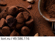 art background with healthy delicious dark truffles, chocolate  and  ingridients:  natural cocoa beans,  powder, chocolate, almonds  nuts and  ripe cherry. healthy sweets concept. . Стоковое фото, агентство Ingram Publishing / Фотобанк Лори