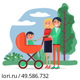 Family walking with baby carriage, mother, father and child walking outdoor, recreational activity vector. Man and woman with son in stroller. Weekend, husband and wife with child in pram illustration. Summer Park and Family Walking with Baby Carriage. Стоковая иллюстрация, агентство Ingram Publishing / Фотобанк Лори