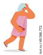 Woman in hurry running from bathroom. Female character wrapped in towel late for work. Lady holding bag with cosmetics. Girl with wet hair rushing from shower. Vector in flat style illustration. Female Character with Wet Hair in Towel on Head. Стоковая иллюстрация, агентство Ingram Publishing / Фотобанк Лори
