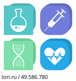Chemistry and medicine icons, flask and syringe, DNA and heart vector. Pharmacy and lab experiments tools, genetics and vaccination. Cardiology and chemical tests, scientific research illustration. Flask and Syringe, DNA and Heart Isolated Icons. Стоковая иллюстрация, агентство Ingram Publishing / Фотобанк Лори