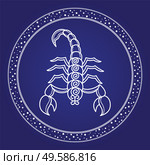 Scorpio constellation horoscope emblem in starry circle. Outline of cosmos scorpion character in round shape isolated on white. Card with astrology zodiacal sign and mythology element vector. Scorpion Emblem Horoscope Zodiac Symbol Vector. Стоковая иллюстрация, агентство Ingram Publishing / Фотобанк Лори