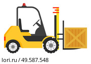Forklift machine for loading and unloading packages. Yellow industrial truck used to lift and move materials over short distances. Wooden big box transportation within warehouse. Vector illustration. Forklift Machine, Industrial Truck to Move Boxes. Стоковая иллюстрация, агентство Ingram Publishing / Фотобанк Лори