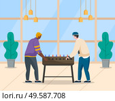 People having fun at coffee break at work. Workers colleagues playing table football match. Male characters relaxing at office. Personages entertaining in free time, soccer game. Vector in flat style. Coworkers Playing Table Football at Work Vector. Стоковая иллюстрация, агентство Ingram Publishing / Фотобанк Лори