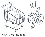 Sale and reductions at shop. Isolated monochrome sketch outline of shopping cart, trolley and percent. Buying and selling items, retail business. Proposal at market, reduced prices, vector in flat. Shopping Card and Percent, Sale Discounts at Shop. Стоковая иллюстрация, агентство Ingram Publishing / Фотобанк Лори