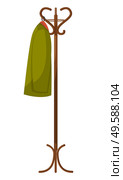 Wooden hanger in lobby or hallway. Item of furniture to hung coat. Interior of room in house or cloakroom in cafe. Apparel clothing object isolated on white, vector illustration in flat style. Coat Hung on Hanger, Furniture for Home or Cafe. Стоковая иллюстрация, агентство Ingram Publishing / Фотобанк Лори