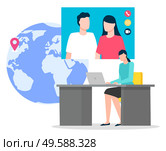 People conversation online in computer. Man and woman wireless connection for videochat. Female sitting at desktop and communicating with laptop for meeting online in video conference vector. Man and Woman Videochat App in Computer Vector. Стоковая иллюстрация, агентство Ingram Publishing / Фотобанк Лори