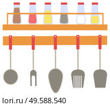 Kitchen cutlery vector, spatula and fork for bbq barbeque, spoon flat style. Bottles on wooden shelf with spices, turmeric and paprika, salt and pepper. Spices in Bottles and Cutlery of Kitchen Vector. Стоковая иллюстрация, агентство Ingram Publishing / Фотобанк Лори