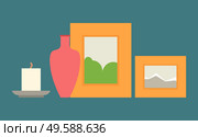 Red ceramic vase, burning candle and paitings in wooden frames. Comfort and cosiness items, home decoration elements, cartoon flat vector illustration. Comfort and Cosiness Items for Home Vector Image. Стоковая иллюстрация, агентство Ingram Publishing / Фотобанк Лори