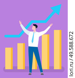 Broker and growing sales demonstrated on statistical graph by raising arrow. Vector cartoon person and growth of rates, achievement of best results. Broker and Growing Sales Demonstrated on Graph. Стоковая иллюстрация, агентство Ingram Publishing / Фотобанк Лори
