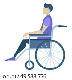 Handicapped person character sitting in wheelchair. Man paralysis in chair with wheels. Side view of male character on transportation object isolated on white. Medical program and support vector. Paralysis Person Sitting in Wheelchair Vector. Стоковая иллюстрация, агентство Ingram Publishing / Фотобанк Лори