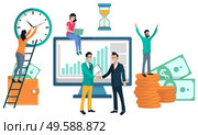 Infochart on computer monitor vector, people meeting partners handshake. Wallet with money banknotes and cash, ladder with clock deadline time sign. Wallet with Money, Partners Meeting Infochart. Стоковое фото, агентство Ingram Publishing / Фотобанк Лори