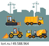 Cityscape with cranes and machinery vector. Machine for construction and fixing, lifter and bulldozer, excavator and cement mixer, van with container. Cement Mixer and truck, Loader Transport City. Стоковая иллюстрация, агентство Ingram Publishing / Фотобанк Лори
