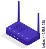 Modem for access to internet vector, router for connection isolated icon. Device with antenna and lights indicating status of signal, system for database work. Illustration in isometric 3d style. Router Connection, Modem for Wifi Internet Access. Стоковая иллюстрация, агентство Ingram Publishing / Фотобанк Лори