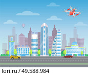 Drone flying in city, car going by road near high buildings, cloudy sky. Quadcopter piloting in town, professional controller, multicopter security, modern wireless device with propellers vector. Wireless Device Drone Flying in City, Air Vector. Стоковая иллюстрация, агентство Ingram Publishing / Фотобанк Лори