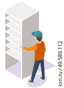 Porter in uniform moving empty white bookshelf. Wooden bookcase, modern cabinet or plastic cupboard. Living room piece of furniture 3D vector illustration. Porter Moving White Cupboard or Bookcase Vector. Стоковая иллюстрация, агентство Ingram Publishing / Фотобанк Лори