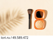 Minimal modern cosmetic scene with make up brushes, bronzer and shadow overlay. make up brushes. Стоковое фото, агентство Ingram Publishing / Фотобанк Лори