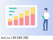 Data on business stats and project results vector, male giving report reading from paper document, isolated person with screen and infochart info. Business Man Giving Presentation with Information. Стоковая иллюстрация, агентство Ingram Publishing / Фотобанк Лори