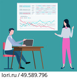 Woman broker making presentation pointing on board with charts and graphs. Vector guy sitting at computer and discussing business issues, stockbrokers collaboration. Woman Broker Making Presentation Pointing on Board. Стоковая иллюстрация, агентство Ingram Publishing / Фотобанк Лори