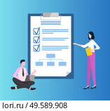 Man in suit sitting cross-legged with laptop. Woman standing near paper with check marks near completed items. Blue board with goals of targets vector. People with Laptop, Paper with Check Marks Vector. Стоковая иллюстрация, агентство Ingram Publishing / Фотобанк Лори