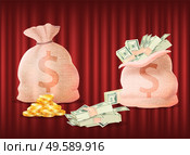 Bags filled with money and profits vector, sacks with dollar sign, coins and banknotes. Savings and wealth, investment and refund of invested finance. Golden Coins and Banknotes, Dollar Currency Bags. Стоковая иллюстрация, агентство Ingram Publishing / Фотобанк Лори