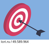 Dart arrow hitting center target, success concept vector. Market and business goal, dart game, bullseye and archery. Aim and win, dartboard and startup strategy, aiming in audience and marketology. Hitting Dart Target with Arrow, Business Success. Стоковая иллюстрация, агентство Ingram Publishing / Фотобанк Лори