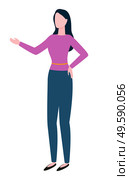 Woman pointing hand on spare place isolated business broker consultant. Vector cartoon person in formal wear, skilled financial analytic in flat style. Woman Pointing Hand on Spare Place Isolated Broker. Стоковая иллюстрация, агентство Ingram Publishing / Фотобанк Лори