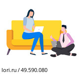 Person working at home vector, woman sitting on comfortable sofa typing info on laptop, male programming by lady. Specialists and experts on freelance. Woman Working from Home, Freelances on Sofa Vector. Стоковая иллюстрация, агентство Ingram Publishing / Фотобанк Лори