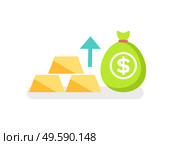 Golden bricks, money bag with dollar sign, rising arrow, growth symbol and invest success, bag with money and ingots, gold jewelry and exchange vector. Gold Jewelry, Golden Bricks, Moneybag Sign Vector. Стоковая иллюстрация, агентство Ingram Publishing / Фотобанк Лори