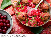 Delicious kufta or lamb meatballs in cherry sauce. Lamb meatballs in cherry sauce. Стоковое фото, агентство Ingram Publishing / Фотобанк Лори