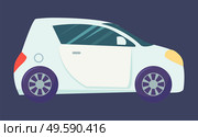 Small car isolated on dark background. Light blue microcar with toned glasses, two doors and one for luggage boot. Auto to drive and get your destination quickly. Vector illustration in flat style. Car Isolated on Dark Background, Light Microcar. Стоковая иллюстрация, агентство Ingram Publishing / Фотобанк Лори
