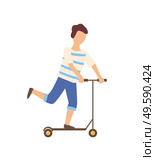 Person standing on scooter, teenager or young human in casual clothes holding running equipment, balancing on urban transport, child character vector. Child Balancing on Scooter, Urban Activity Vector. Стоковая иллюстрация, агентство Ingram Publishing / Фотобанк Лори