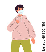 Vector illustration of young man in hoodie wearing face medical mask. Viral pandemic, protection against infection of covid19. Coronavirus 2019-ncov flu. Respiratory protection from virus pandemia. Young guy in hoodie wearing face medical mask protecting from virus pandemia, safety and health. Стоковая иллюстрация, агентство Ingram Publishing / Фотобанк Лори