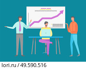 Conference of employees vector, infochart with visualized information. Man boss explaining info to workers, male on computer typing on laptop flat style. People Gathered on Conference Whiteboard with Data. Стоковая иллюстрация, агентство Ingram Publishing / Фотобанк Лори