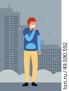 Vector illustration of young red haired man in hoodie wearing face medical mask is coughing at city background. Viral pandemic. Coronavirus 2019-ncov flu. Respiratory protection from virus pandemia. Vector illustration of red haired guy wear face medical mask is coughing at city background. Стоковая иллюстрация, агентство Ingram Publishing / Фотобанк Лори