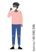 Vector illustration of young black afro man wearing face medical mask standing at white background. Viral pandemic. Coronavirus 2019-ncov flu. Respiratory protection from virus pandemia. Vector portrait of young black afro woman wearing face medical mask standing at white background. Стоковая иллюстрация, агентство Ingram Publishing / Фотобанк Лори