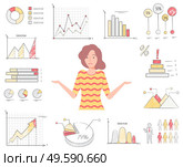 Novice in data analysis vector, female character with charts and diagrams flat style. Woman with confused face, stats and information puzzled personage. Confused Woman Among Charts and Diagrams Vector. Стоковая иллюстрация, агентство Ingram Publishing / Фотобанк Лори