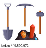 Mining equipment isolated on white background. Pickaxe, shovel and hammer with wooden handles. Tools for excavation in quarries. Colorful gemstones in ground. Vector illustration in flat style. Pickaxe, Shovel and Hammer, Equipment for Mining. Стоковая иллюстрация, агентство Ingram Publishing / Фотобанк Лори