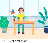 Man character making applique from paper, shape of dog. Smiling male holding application, sitting at table, houseplant indoor, cutout hobby vector. Applique from Paper, Art Education, Cutout Vector. Стоковая иллюстрация, агентство Ingram Publishing / Фотобанк Лори