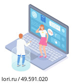 Isometric illustration of laptop with online consultation of doctor, patient. Physician give advices, patient have a headache, bad feeling. Medical website, virtual help at distance. Online medicine. Woman with headache consulting online with doctor at medical website, isometric illustration. Стоковая иллюстрация, агентство Ingram Publishing / Фотобанк Лори