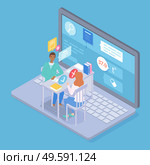 Isometric illustration of laptop with online consultation of doctor, patient in internet. Physician give advices, writting recipe for woman. Medical website, virtual help at distance. Online medicine. Isometric videocall doctor with patient, online consultation at medical website, online medicine. Стоковая иллюстрация, агентство Ingram Publishing / Фотобанк Лори