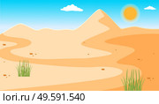 Illustration of a desert with a clear blue sky, small rare green plants. Desert mountains sandstone background. Dry desert under the sun, endless sand desert. Hot weather and yellow sand dunes. Illustration of a desert with a clear blue sky, green plants. Desert mountains sandstone background. Стоковая иллюстрация, агентство Ingram Publishing / Фотобанк Лори