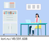 Medical worker in hospital laboratory working on computer vector, person giving diagnostics online. Cabinet with medicine and drugs for patients flat style. Doctor Working on Laptop with Data Medicine Work. Стоковая иллюстрация, агентство Ingram Publishing / Фотобанк Лори