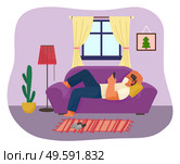 Man using phone lying on sofa or couch at home. Guy relaxing with smartphone lying on pillow. Man tired from quarantine self-isolation at home. Person wasting time in internet, have recreation. Man using phone lying on sofa in room, guy relaxing at home, tired from quarantine isolation. Стоковая иллюстрация, агентство Ingram Publishing / Фотобанк Лори