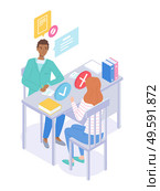 Illustration of a medical subject. Reception at the practicing doctor. Consultation with therapist. Patient woman visits a doctor. The purpose of treatment. Diagnosis Health problems. Flat vector.. Doctor s consultation. The therapist talks to woman patient. Clinical record, prescription. Стоковая иллюстрация, агентство Ingram Publishing / Фотобанк Лори