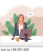 Woman operator call center or hotline. Girl in headphones sits at a computer and helps a client online. Hotline support service. Customer helpdesk assistance. Customer service banners with support. Female operator call center ot hotline at the computer speaks with client online. Customer service. Стоковая иллюстрация, агентство Ingram Publishing / Фотобанк Лори